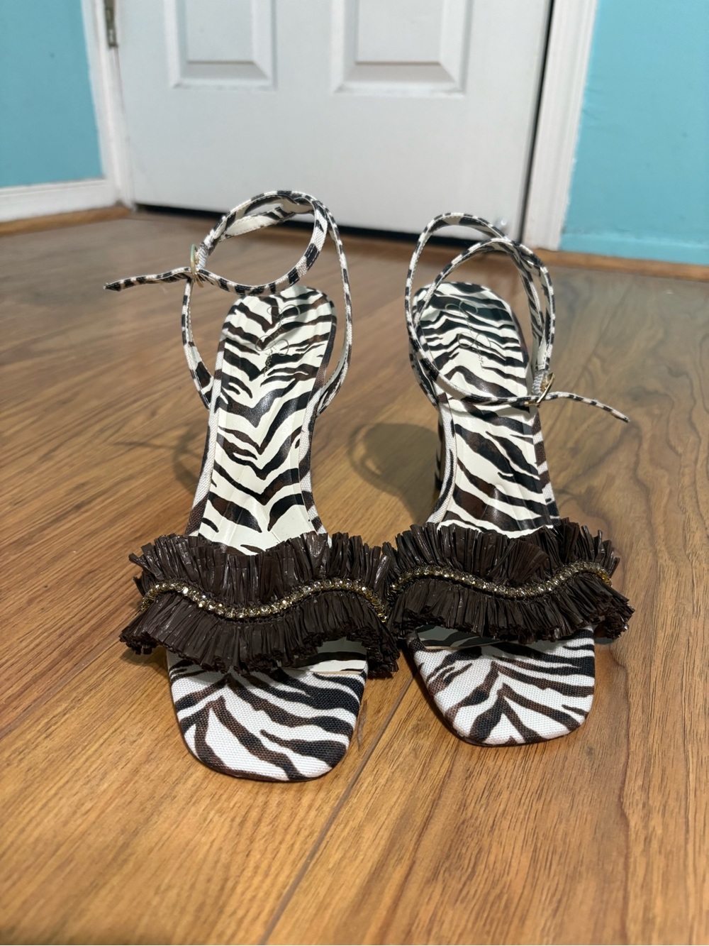 Jessica Simpson Black-and-White Zebra Print Ankle-Tie Sandals with Brown Fringe